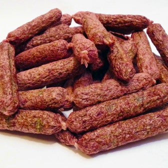 Bullwrinkles Chicken Parsley Links dog treats made with chicken, ground oats, beets, parsley, garlic